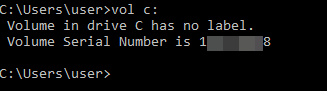 Command vol c: allows to retrieve the current volume serial number
