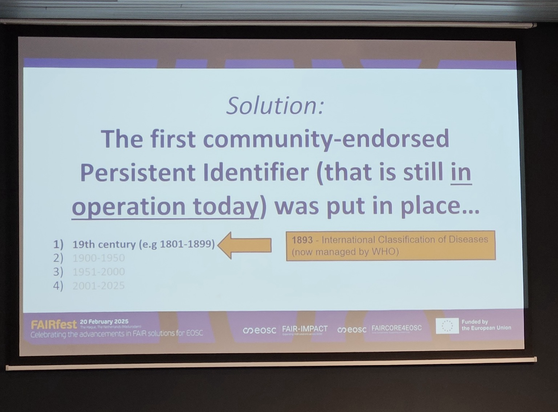 A photo of a presentation slide stating the question from the post inna multiple-choice format with the four answer options being: 1) 19th century 2) 1900-1950 3) 1951-2000 4) 2001-2025; the first one is highlighted as correct.
