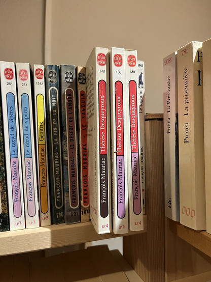 Une étagère avec des livres. 3 livres de « Thérèse Desqueyroux » de François Mauriac sont mis en évidence