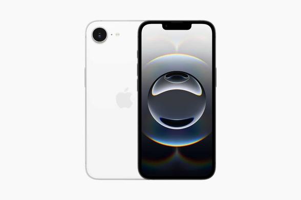 Vorder- und Rückseite eines weißen iPhone 16e mit einem grauen Apple-Wallpaper. Der Hintergrund des Bildes ist schlicht hellgrau. Foto (c) Apple.
