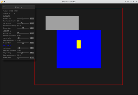 Screenshot of a movement prototype.
On the left are a bunch of sliders for adjusting acceleration, max-velocity and deceleration.
On the right is a yellow rectangle representing the player, a blue rectangle for slippery ice tiles and a grey rectangle for slow tiles.