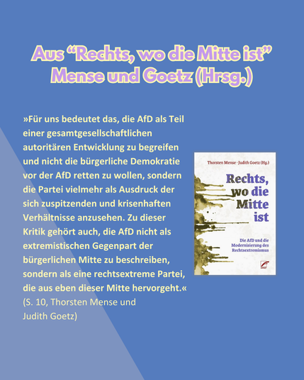 "Für uns bedeutet das, die AfD als Teil einer gesamtgesellschaftlichen autoritären Entwicklung zu begreifen und nicht die bürgerliche Demokratie vor der AfD retten zu wollen, sondern die Partei vielmehr als Ausdruck der sich zuspitzenden und krisenhaften Verhältnisse anzusehen. Zu dieser Kritik gehört auch, die AfD nicht als extremistischen Gegenpart der bürgerlichen Mitte zu beschreiben, sondern als eine rechtsextreme Partei, die aus eben dieser Mitte hervorgeht."
(S. 10, Thorsten Mense und Judith Goetz)