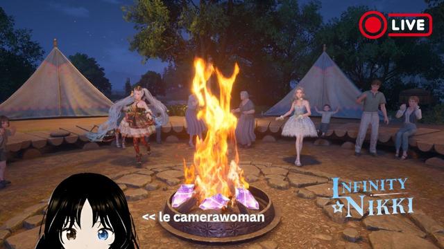 A Youtube livestream thumbnail featuring Nikki, another with Miku hair, and some NPCs dancing around the campfire. There's me on the bottom left, as a camerawoman. You can also spot some pink crystals at the campfire's base.