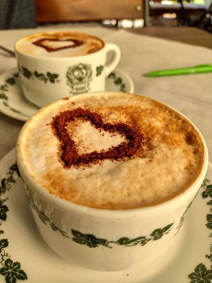There are two floral cups filled with cappuccino on a table. Each cappucino is sprinkled with chocolate powder forming a heart.