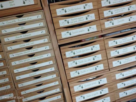 Photo de nombreux petits tiroirs en bois étiquetés proprement.