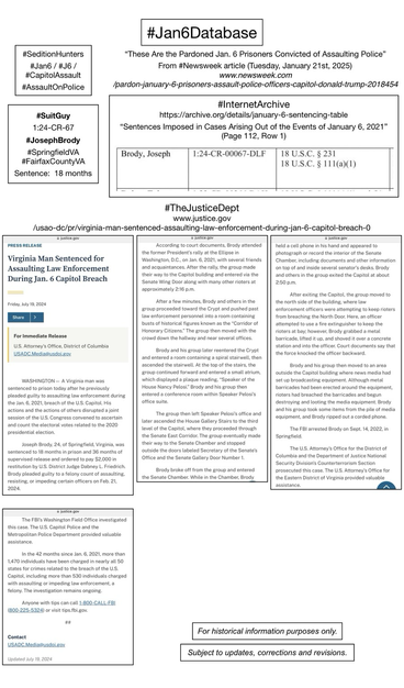 Screenshots of court information pertaining to convicted January 6th rioter Joseph Brody (Springfield, Virginia).