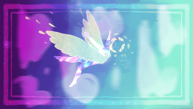 A digital painting of Ribbons the Stream Angel falling through the sky. Instead of her usual outfit, she is made out of stardust. Her halo is burning away. Feathers are flying off and away from her wings. Her limbs are spread out helplessly.