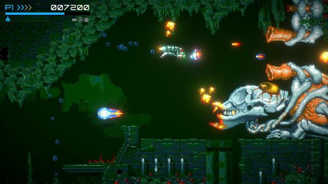 Screenshot from the game X-Out: Resurfaced. A small submarine which looks like a bug is fighting against the boss of level 1, a monster which mainly consists of an animal skull and bones, but it also seems to have something organic inside.