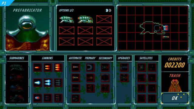 Screenshot from the game X-Out: Resurfaced. It shows the shop system of the game. It is possible to buy additional submarines and to equip them with weapons and satellites.