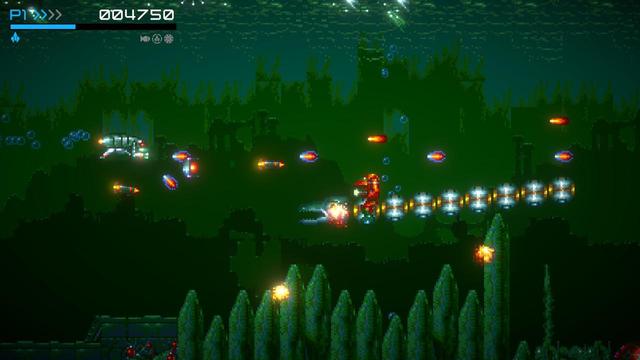 Screenshot from the game X-Out: Resurfaced. A small submarine is fighting against some mechanical underwater snake thing which is ridden by a small red robot rider.
