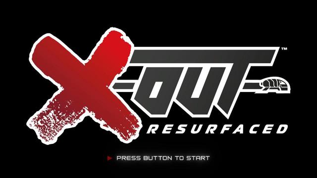 The title screen of the game X-Out: Resurfaced which mainly shows the name of the game and a stylised version of the small submarine which looks like a bug.