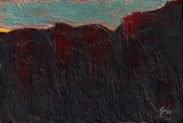 An impression of what might be dark red desert cliffs under a blue and copper sky in rough brush-stroke paint.
