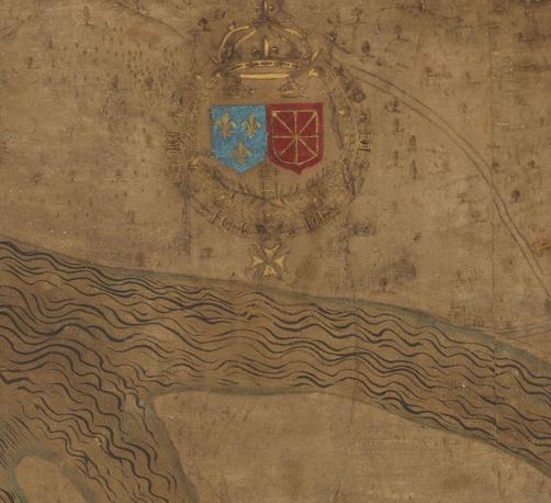 Dessin manuscrit sur papier beige de format carré, extrait d'un plan.
En haut, 2 blasons dans une guirlande dorée surmontée d'une couronne : à gauche, celui de la couronne de France, à droite celui de la Navarre. Ce sont les blasons du roi Henri IV.
En dessous, le tracé d'une partie du Confluent de l'époque entre la Saône et le Rhône.