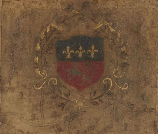 Dessin manuscrit sur papier beige de format carré, extrait d'un plan.
Dans une guirlande dorée arrondie, un blason bleu et rouge de la Ville de Lyon, avec 3 fleurs de lys en haut sur fond bleu et un lion sur fond rouge.