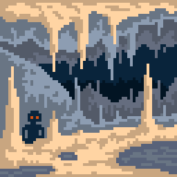 Pixel art of a cavern, with stalagmites and stalagtites, and a mysterious figure with red eyes.