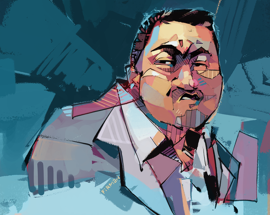 Stylized illustration of actor Ma Dong-seok in grey suit, furrowing his face and looking leftward