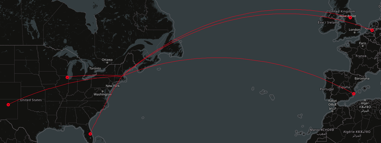 A map of radio contacts from Lexington, MA showing connecting lines to Arizona, Florida, Illinois, England, Netherlands and Spane.