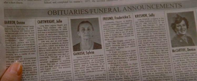 An obituary in a newspaper. It mentions that a woman, Sylvia Ganush, died on February 18.