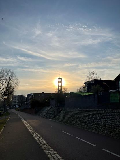 The churchtower in the sunset.