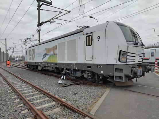 Vectron Diesellok am Bahnübergang.
Auf der Front steht PCW 9
An der Seite steht Vectron DE, simply efficient mit einer Raubkatze die im Sprung zu einem Vectron wird