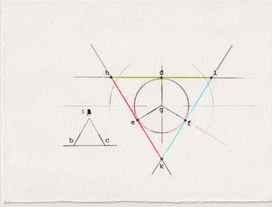 A rendering negotiated from book IV proposition 3 of Elements (1482 print-edition).

A circle surrounded by three tangent lines, each of a different color, red, blue, & green, which form a triangle around it. Through the circle drawn radii pass, arranged kind of like a peace symbol. And to the left of the circle is a smaller triangle, equiangular to the aforementioned triangle, the base of which is, as per the text, overextended in either direction.

But many other lines too have been overextended in either direction.