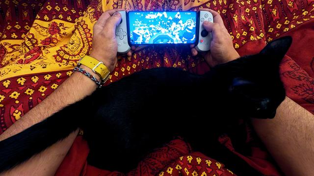 Photo de mes mains, jouant à une console portable. Entre mes bras, un chat noir.