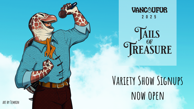 An anthropomorphic sea turtle in a pirate shirt and pants sings into a microphone. Behind him is a cloudy sky. Text on image reads Vancoufur 2025 Tails of Treasure Variety show signups, art by Temrin