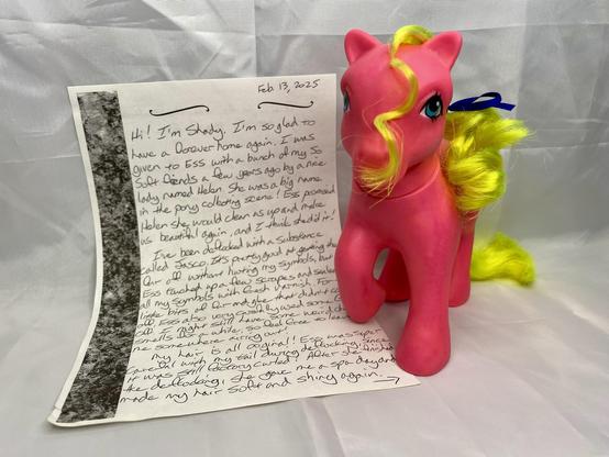 A pink toy pony with yellow hair stands beside a handwritten letter. The letter says:

Hi, I’m Shady! I’m so glad to have a forever home again. I was given to Ess with a bunch of my So Soft friends a few years ago by a nice lady named Helen. She was a big lady in the pony collecting scene! Ess promised Helen she would clean us up and make us beautiful again, and I think she did it!
I’ve been deflocked with a substance called Jasco. It’s pretty good at getting the fur off without hurting my symbols, but Ess touched up a few scrapes and sealed all my symbols with fresh varnish. For the little bits of fur and glue that didn’t all come off from the Jasco, Ess also very carefully used some Goof Off. I might still have some weird chemical smells for a while, so feel free to leave me somewhere to finish airing out!
My hair is all original! Ess was super careful with my tail during the deflocking, since it was still factory curled! After she finished the deflocking, she gave me a spa day and made my hair soft and shiny again. Because of the way the flocking got into my mane, Ess had to recurl it for me.
To finish off my makeover, Ess gave me two blue ribbons for my mane and tail to match the color of my magical glasses.
I hope you like me! And remember, if you ever decide to sell me in the future, give my next owner this letter so they know what was done in my restoration.