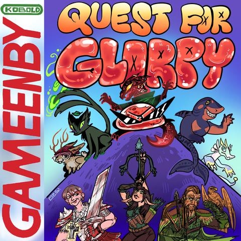 Gameboy game cover art from "Kobold" replacing the normally Nintendo logo, and "GameEnby" replacing GameBoy. Quest for Glorpy. A red kobold stands in the shadows behind a little red slime blob with sunglasses on. A black cat nekomata and a jackalope on the left, rottweiler patterned shark boy and candy kobold on the right. Below the hill of monsterfolk is some adventurers, a cleric-paladin, an archer, and a hunter with a hawk.
