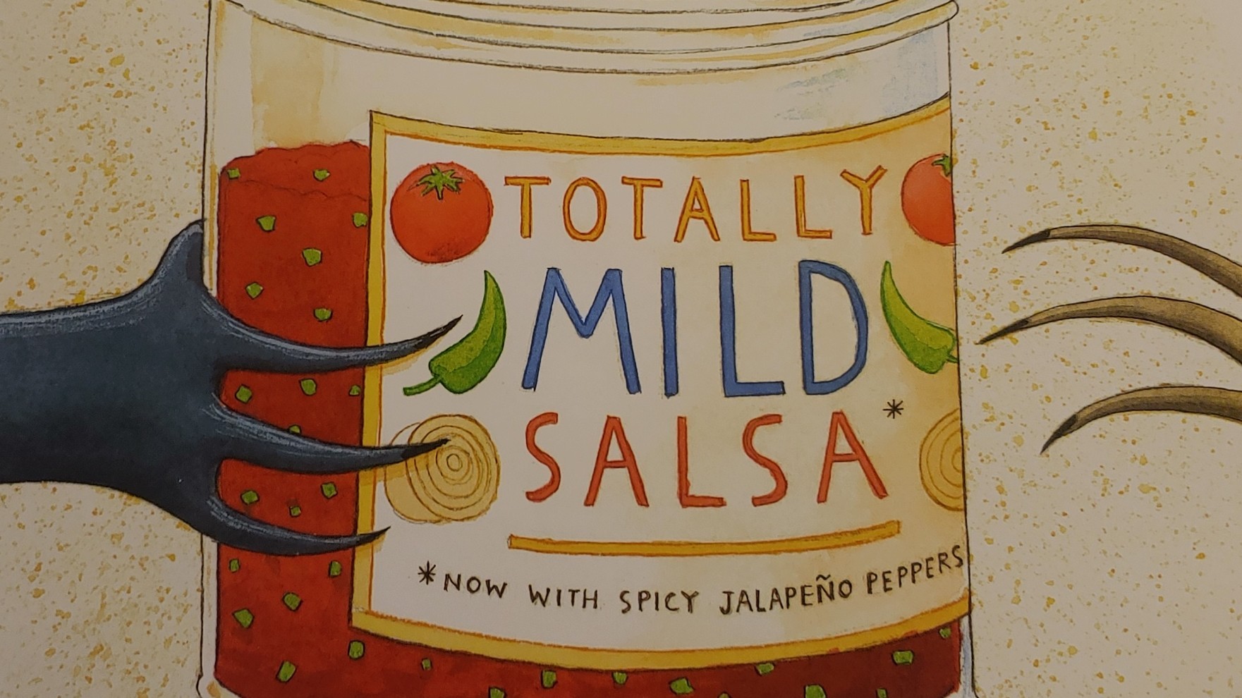 illustration TOTALLY MILD SALSA, the fine print NOW WITH SPICY JALAPEÑO PEPPERS