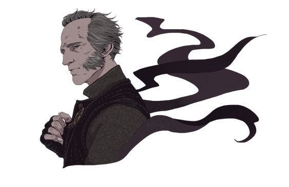 This is an art piece of Regis from The Witcher 3. The view is his chest and up, with black swirling smoke behind him.