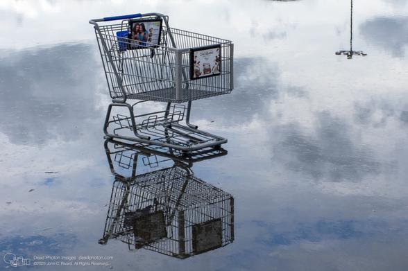 A lone grey grocery cart sits in a flooded parking lot, with the sky and a light pole reflected behind and beneath it.