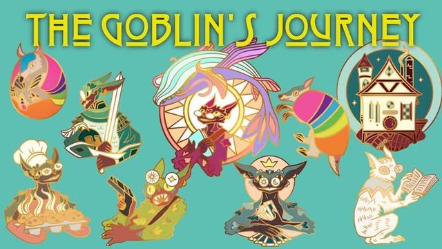 Multiple pin designs of a goblin doing various things on top of an aqua background. Text reads "The Goblin's Journey"