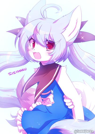 sisimaru is a female bat fox wearing a blue dress. she has blue hair, red eyes, and twin tails