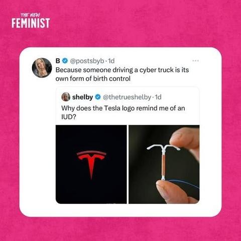 First post by shelby (@thetrueshelby) shows an image of the Tesla logo beside a picture of an IUD and says, "Why does this Tesla logo remind me of am IUD?"

Reposted by B (@postsbyb) who adds, "Because someone driving a cybertruck is its own form of birth control."
