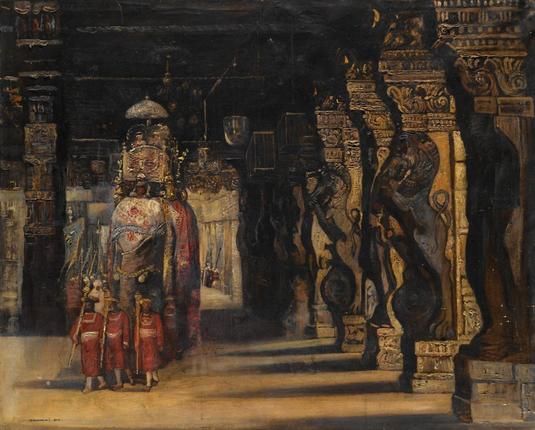 we see a huge open pavilion supported by decorated columns, where a regally decorated elephant is carrying a platform (howdah), possibly royal personages are seated beneath an umbrella.  Before the elephant, three ceremoniously attired men are marching and behind it more men in uniforms marching.
