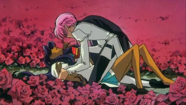 Utena topping Anthy on a rosy platform.