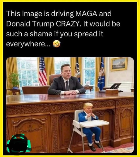Image shows Elon Musk at the president's desk and a tiny Donald Trump in a baby chair in front of that desk.