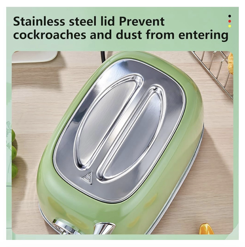 Photo of toaster with caption “Stainless steel lid Prevent cockroaches and dust from entering”