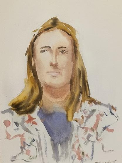 watercolor of a blonde woman in a white jacket with flowers
