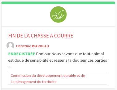 FIN DE LA CHASSE A COURRE

Bonjour Nous savons que tout animal est doué de sensibilité et ressens la douleur Les parties ...

    Commission du développement durable et de l’aménagement du territoire