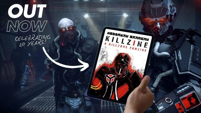 A screenshot from Killzone Shadow Fall of Colonel Saric and a Helghast Assault Trooper looming over the player character. A hand holding an iPad like device has been edited in with the cover of Killzine: A Killzone Fanzine on the screen. The words “out now, celebrating 20 years” is in the top left corner.