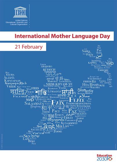 UNESCO poster for International Mother Language Day on February 21st, featuring the word "peace" in various languages arranged in the shape of a globe, set against a blue background.