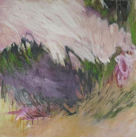 60 x 60 cm Mixedmedia painting with violet and green bold brushstrokes