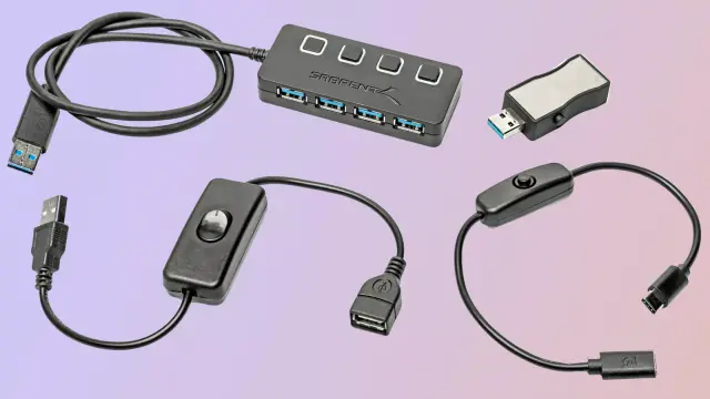 Das Bild zeigt mehrere USB-Verlängerungen mit Schalter