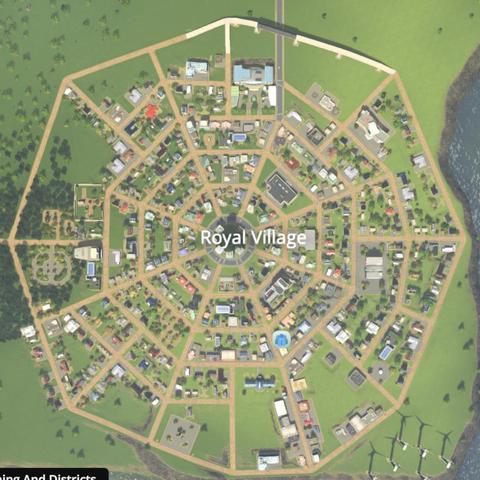 MC's home village, structured like a spider's web (screenshot from Cities Skylines)