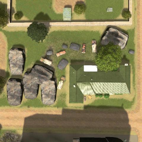 MC's home, a little one-storey house, boulders and abandoned cars strewn around the yard (screenshot from Cities Skylines)