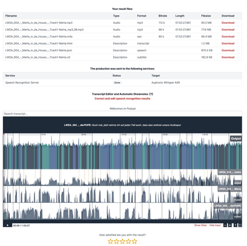 auphonic audio spuransichtz - mit drei einzelnen Audiospuren der teilnehmenden und der gesamten release Tonspur