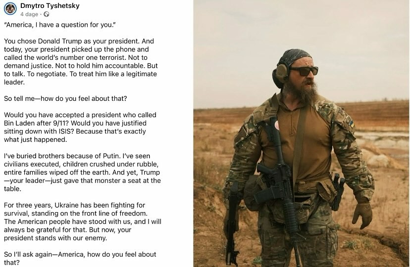 America, I have a question for you. You chose Donald Trump as your president. And today, your president picked up the phone and called the world’s number one terrorist. Not to demand justice. Not to hold him accountable. But to talk. To negotiate. To treat him like a legitimate leader. So tell me—how do you feel about that? Would you have accepted a president who called Bin Laden after 9/11? Would you have justified sitting down with ISIS? Because that’s exactly what just happened. I’ve buried brothers because of Putin. I’ve seen civilians executed, children crushed under rubble, entire families wiped off the earth. And yet, Trump—your leader—just gave that monster a seat at the table. For three years, Ukraine has been fighting for survival, standing on the front line of freedom. The American people have stood with us, and I will always be grateful for that. But now, your president stands with our enemy. So I’ll ask again—America, how do you feel about that?