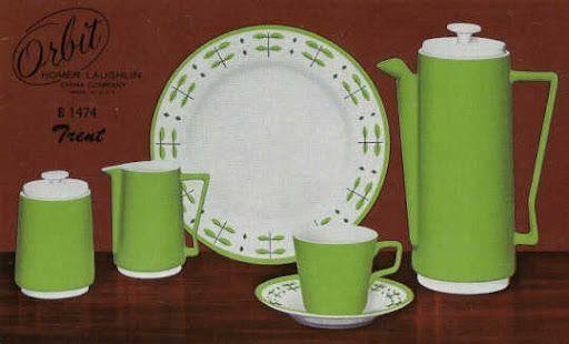 Green and white dishware. Orbit is the molds, and the patter is Trent.